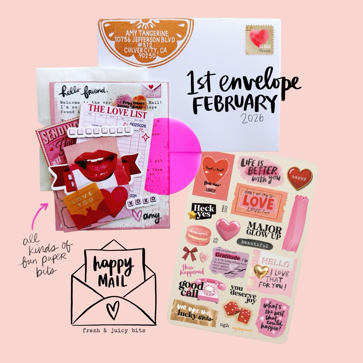 The first Happy Mail envelope, February 2026: paper goods, stickers, and a note spread flat