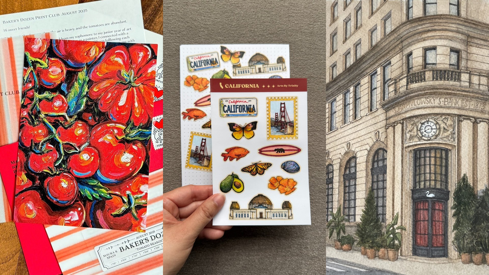 Three creator mail club envelopes and their contents, from the Baker's Dozen Print Club and the Architecture Mail Club